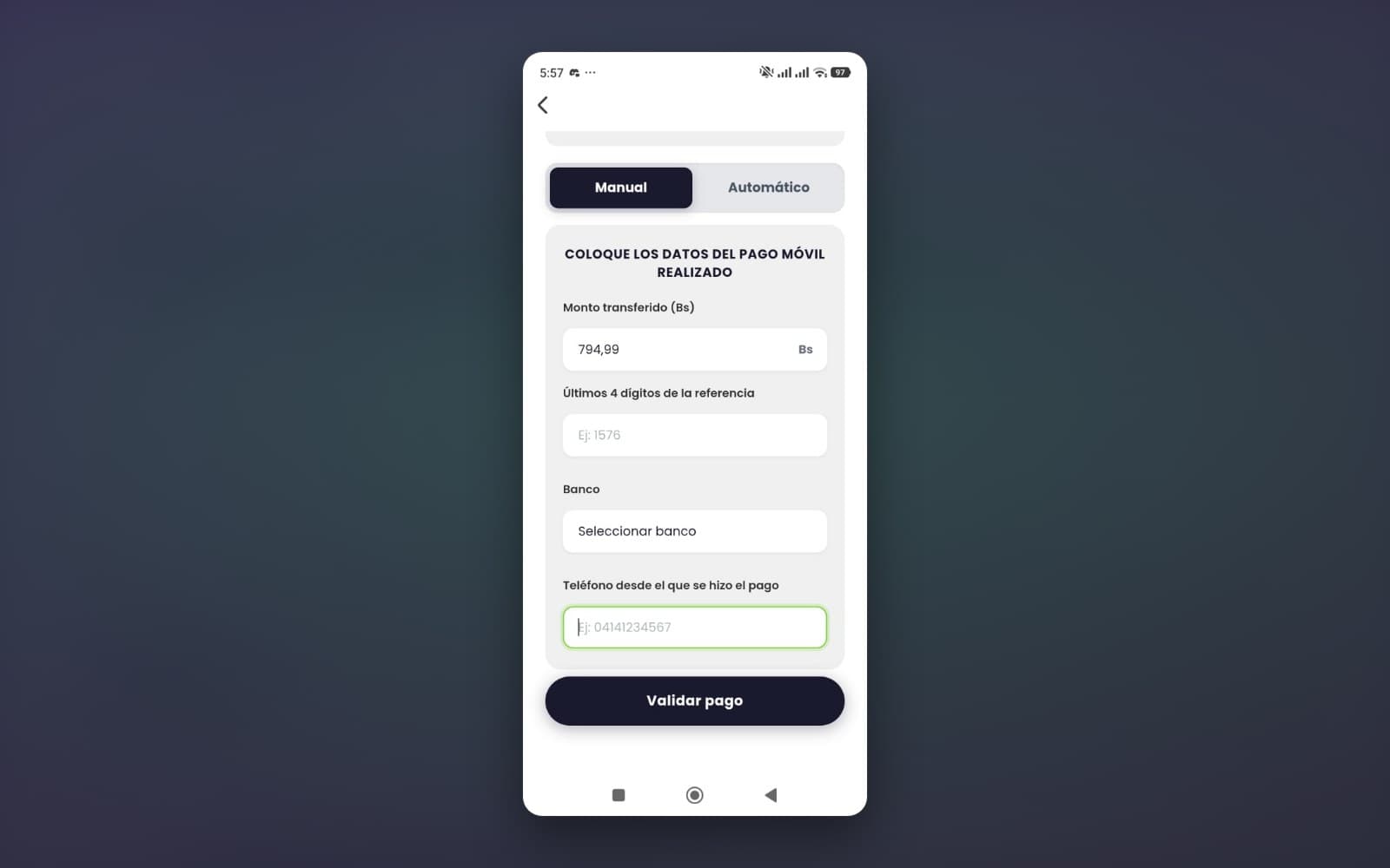 Flujo de pago móvil con validación de la referencia bancaria