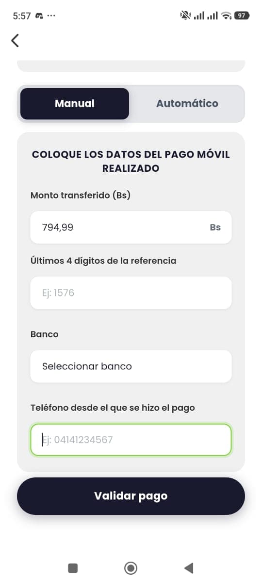 Flujo de pago móvil con validación de la referencia bancaria