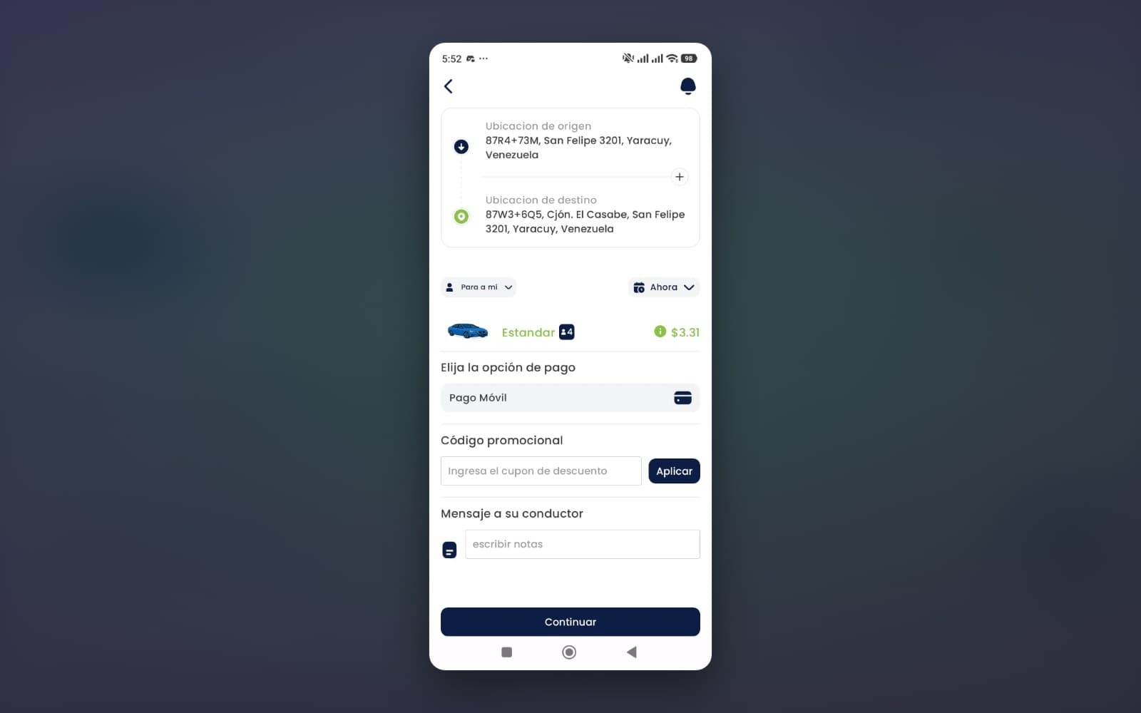 Pantalla de solicitud de viaje en la app de pasajero