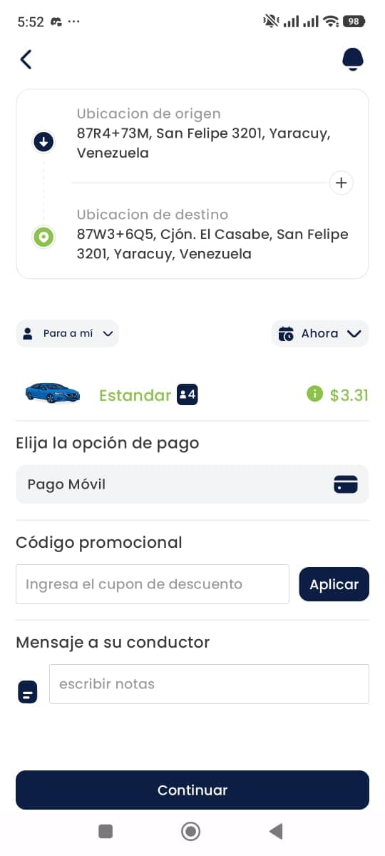 Pantalla de solicitud de viaje en la app de pasajero