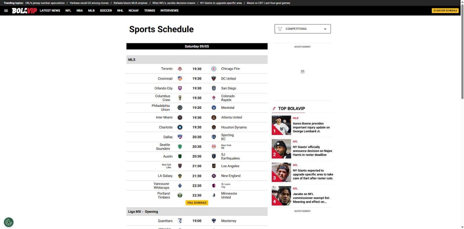 Tabla de posiciones y resultados en vivo